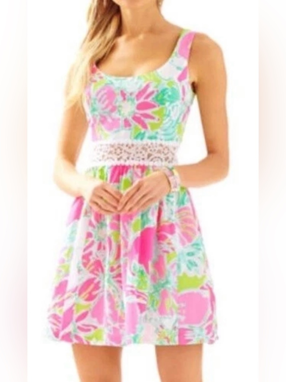 Lilly Pulitzer Rosemarie Pink & Green Fit and Flare Floral Summer Vacation Dress